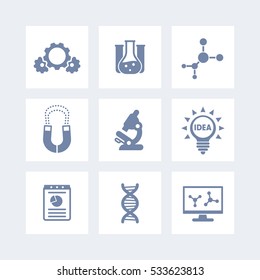 Science, laboratory study icons isolated on white, vector illustration