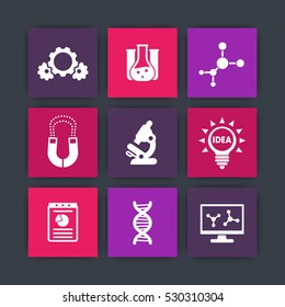Science, laboratory study icons set, research, microscope, dna chain, lab glass, molecule pictograms
