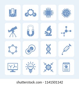 Science, laboratory study and research icons set isolated on white