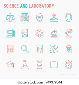 Science and laboratory with thin line icons set of scientist, dna, microscope, scales, magnet, respirator, spirit lamp. Vector illustration for banner, web page, print media.