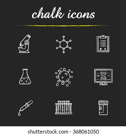 Science laboratory tools chalk icons set. Research biological lab equipment. Scientific, pharmaceutical and medical lab items. White illustrations on blackboard. Vector chalkboard logo concepts