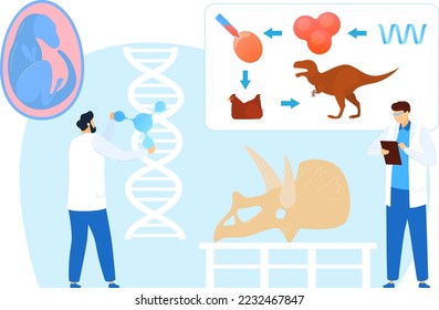 Science laboratory, vector illustration. Dinosaur lab research, women men character make analysis, scientist people work with archaeology ancient bone