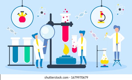 Ilustración vectorial de laboratorio científico. Científicos en experimentos de investigación química para la industria farmacológica de medicamentos. Microscopio de equipo, quemador, amplificador, tubos de ensayo.