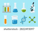 Science laboratory vector set with microscope, DNA, molecule, test tubes, beakers, and laboratory glassware. Perfect for chemistry, biology, medical, research, and education designs.