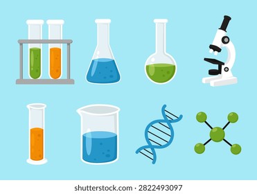 Science laboratory vector set with microscope, DNA, molecule, test tubes, beakers, and laboratory glassware. Perfect for chemistry, biology, medical, research, and education designs.