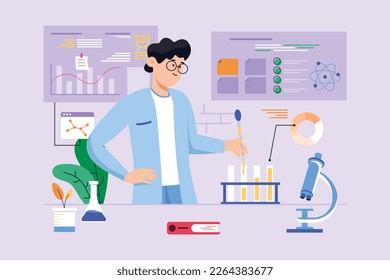 Science Laboratory violet background concept with people scene in the flat cartoon design. Young scientist conducts various experiments in the laboratory. Vector illustration.