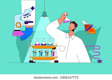 Science laboratory web concept with character scene. Scientist making chemical reaction in flasks and monitoring process. People situation in flat design. Vector illustration for marketing material.