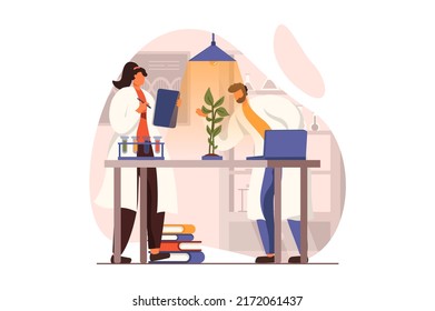 Science laboratory web concept in flat design. Man and woman scientists are studying plant on lab equipment. Biologists doing research. Biotechnology and botany. Vector illustration with people scene