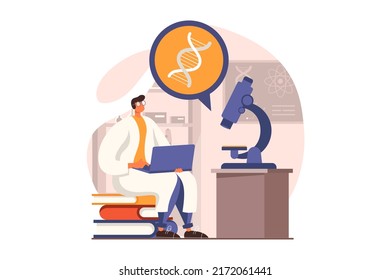 Science laboratory web concept in flat design. Man scientist making test on microscope and examines DNA molecule and processing research results on laptop. Vector illustration with people scene