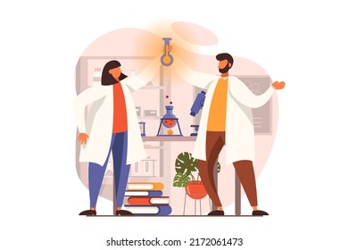 Science laboratory web concept in flat design. Woman and man make scientific discovery and hold test tube with new substance. Scientists make lab experiments. Vector illustration with people scene