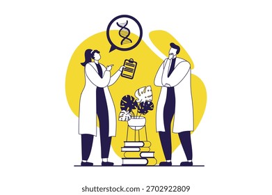 Webkonzept des Wissenschaftslabors mit flachen Menschen für das Webdesign. Mann und Frau lernen und diskutieren DNA-Spiralstruktur, machen wissenschaftliche und genetische Forschung im Labor. Vektorgrafik.