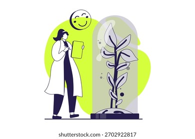 Concepto de Web de laboratorio de Ciencia con personas planas para el diseño de Sitios web. Mujer que hace la investigación botánica científica, planta de aprendizaje y progreso creciente en frasco, haciendo descubrimiento. Ilustración vectorial.
