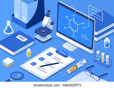 Science Laboratory Work Desk with Clinical Tests Results, Tubes,  Beakers and Prepared Vaccine against Virus. Vaccination and Immunization Campaign Concept. Flat Isometric Vector Illustration.