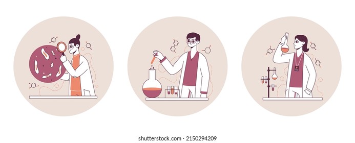 Science laboratory workers, biology, medical biotechnology lab sciences. Chemical scientific researching work, scientist experiment vector symbols illustration set. Science lab concept