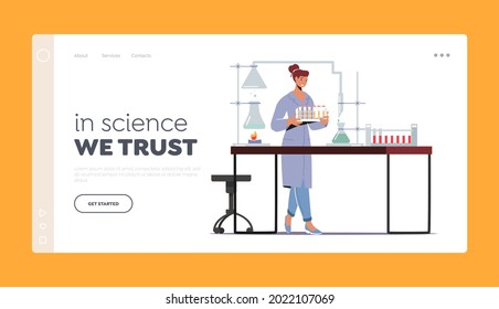 Vorlage für Wissenschaftslandungen. Chemist in Laborcoat Conducting Experiment und wissenschaftliche Forschung im Labor. Chemie-Personal am Arbeitsplatz, Laborassistent Charakter mit Röhren. Cartoon-Vektorgrafik