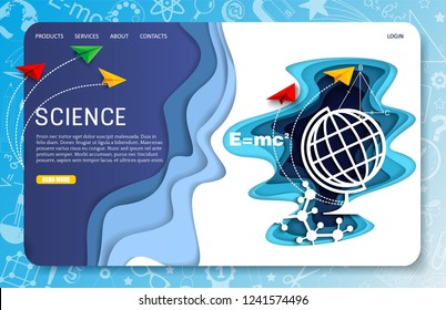 Science landing page website template. Vector paper cut planes, table globe, energy formula, molecules, atoms etc. Scientific research, education concept.
