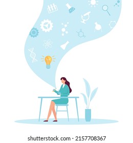Science learning. Woman sitting at table in blue lab coat doing scientific experiments. Female character holding test tubes and flask with colorful liquids. Molecules and microscope symbols vector
