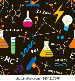 Science lesson flat vector seamless pattern. Chemistry, Biology, Physics school subject background. Flasks with chemicals, formula backdrop. Wallpaper, wrapping paper, textile cartoon minimal design