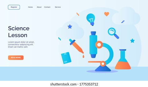 Campaña de íconos químicos de tubo pipetta de lección de ciencia microscopio para la página de inicio del sitio web de la página de inicio del afiche banner con estilo plano de caricatura.