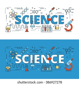 Science Lettering Flat Line Design With Icons And Elements For Book Cover, Report Header, Presentation,illustration, Infographics, Printing, Website Banner And Landing Page.