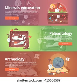 Science of life. Minerals excavation. Paleontology. Historical archeology. Ancient fossils. Species origin. Dinosaur age. Geology. Education and science banners set. Vector design concept.