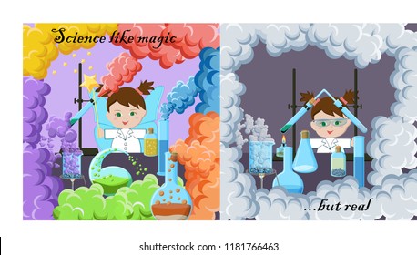 Science like magic but real poster concept with girl fairy or scientist surrounded by colorful chemical vapors and scientific equipment with different reagents. Cartoon vector illustration.