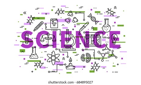Science line art vector illustration with colorful elements. Physics, chemistry, biology elements (microscope, test-tube, book, dna chain, molecule, etc) graphic design.
