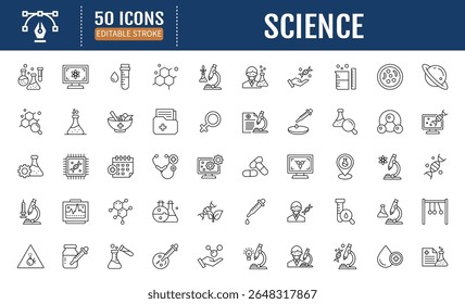 Science line editable icon set. Containing biology,
laboratory, experiment, scientist, research, physics,
chemistry and more. Vector illustration