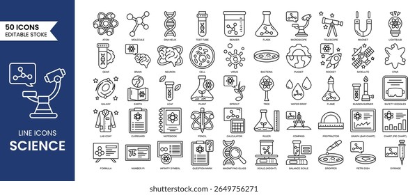 Science line editable icon set. Containing biology, laboratory, experiment, test tube, scientist, research, physics, chemistry and more. Vector illustration