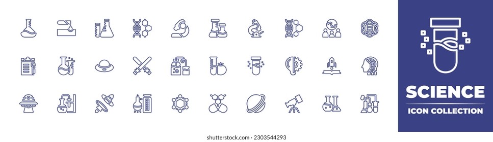 Science line icon collection. Editable stroke. Vector illustration. Containing flask, corrosive, science, adn, microscope, flasks, engineering, social science, data science, document, ufo, lightsaber.