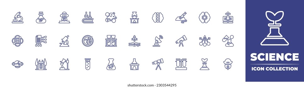 Science line icon collection. Editable stroke. Vector illustration. Containing research, flask, ufo, chemistry, staphylococcus, experiment, neural network, ai, science fiction, data science.