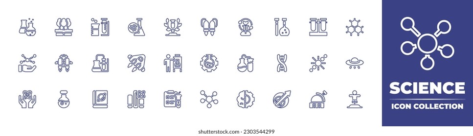 Science line icon collection. Editable stroke. Vector illustration. Containing test tubes, science, chemistry, jet pack, flask, test tube, structure, hand, jetpack, mixing, spaceship, science fair.