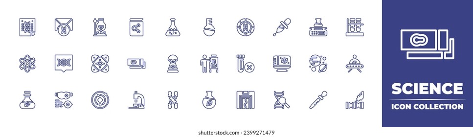 Symbolsammlung der Wissenschaftslinie. Bearbeitbarer Strich. Vektorgrafik. Mit Plakat, Labor, Atom, Wissenschaftsmesse, Kolben, Chemie, Laborskala, Dias, Planeten, Mikroskop, Tropfen, Umschlag, DNA.