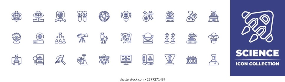 Science line icon collection. Editable stroke. Vector illustration. Containing atom, light, flask, spaceship, virtual lab, bioinformatics, chemical, biology, telescope, tank, chemistry, test tube, ufo