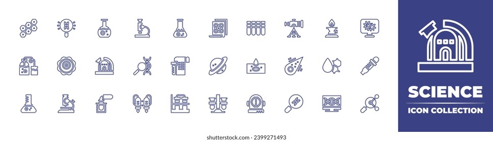 Science line icon collection. Editable stroke. Vector illustration. Containing cells, scientific, distilling, saturn, science, chemistry, research, laboratory, dna structure, water drop, jet pack, pc.
