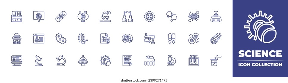 Science line icon collection. Editable stroke. Vector illustration. Containing gene therapy, molecular, bacteria, jetpack, microscope, computer, dna test, theory, planet, prokaryotic, mother cells.