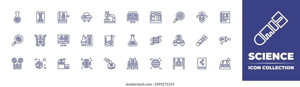 Science line icon collection. Editable stroke. Vector illustration. Containing science, computer science, time machine, bionic eye, distillation, earth, planet, toy gun, observatory, search, cloning.