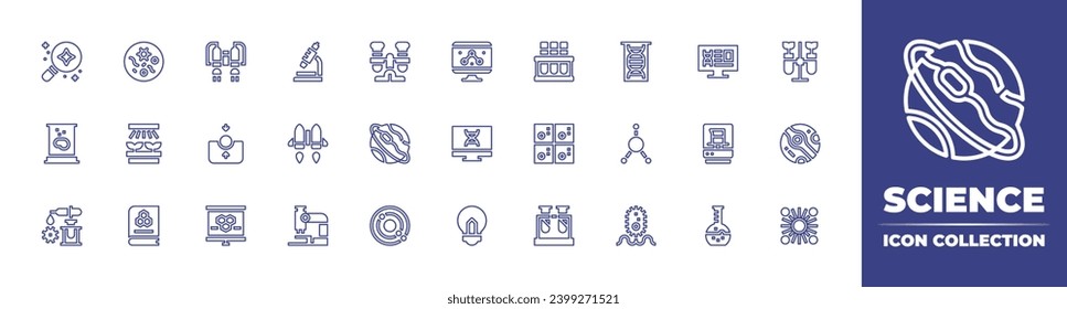 Science line icon collection. Editable stroke. Vector illustration. Containing orbit, big bang, petri dish, test tubes, plants, periodic elements, uranus, mars, book, test tube, chemistry, brain, dna.