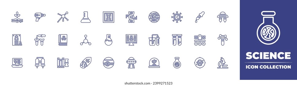 Science line icon collection. Editable stroke. Vector illustration. Containing science fair, science book, science, ufo, laser gun, mars, flask, botany, dna, molecule, experimentation, corrosive.