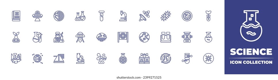 Symbolsammlung der Wissenschaftslinie. Bearbeitbarer Strich. Vektorgrafik. Mit wissenschaftlicher Fairness, Wissenschaft, Portal, Flaschen, Planet, Mikroskop, siedet, Supernova, und, Testrohr, Umlaufbahn, Schichten, Wissenschaftler.