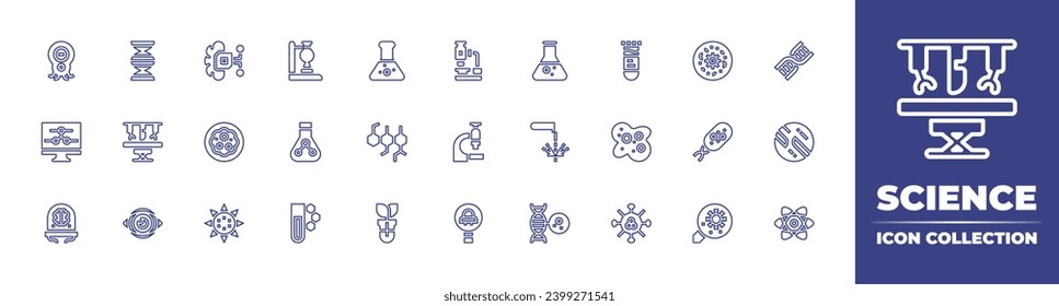 Symbolsammlung der Wissenschaftslinie. Bearbeitbarer Strich. Vektorgrafik. Testrohr, physikalische und chemische, chirurgische Roboter, korrosiv, Monitor, Krebs, Kolben, DNA, Moleküle, Venus, künstliche.