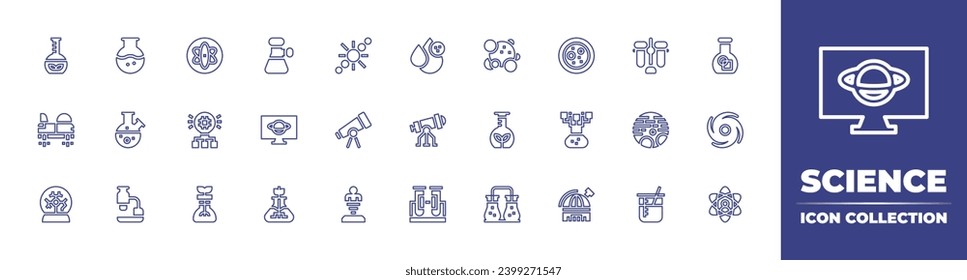 Science line icon collection. Editable stroke. Vector illustration. Containing chemistry, staphylococcus, flask, gmo, microscope, chemical, telescope, galaxy, teleportation, atom, solar system, cell.