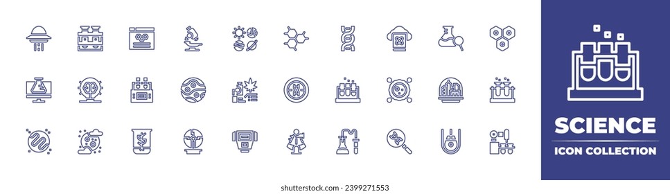 Science line icon collection. Editable stroke. Vector illustration. Containing keplers law, astrolabe, microscope, flask, mars, space colony, space capsule, plasma ball, dog, laboratory, spaceship.