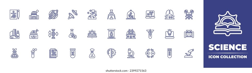 Science line icon collection. Editable stroke. Vector illustration. Containing flask, idea, science, dna, test tube, book, portal, brain, microscope, medical report, bunsen burner, city, teleport.