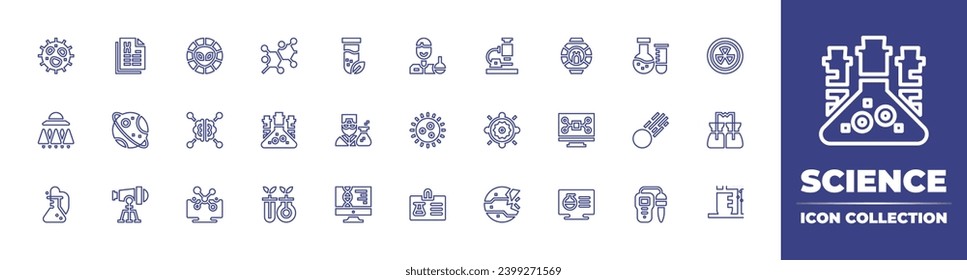 Science line icon collection. Editable stroke. Vector illustration. Containing cell, laboratory, chemicals, shooting star, biology, ph meter, scientist, ufo, virus, experiment, id card, research.