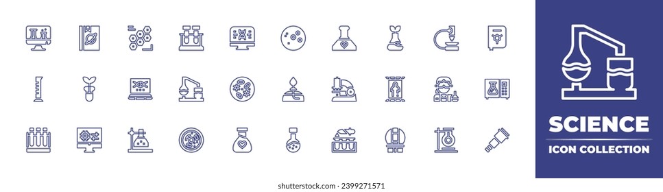 Colección de iconos de la línea de ciencia. Trazo editable. Ilustración vectorial. Con tubo de ensayo, microscopio, proceso químico, científico, celular, química, clase en línea, luna llena, cilindro, quemador, prueba.