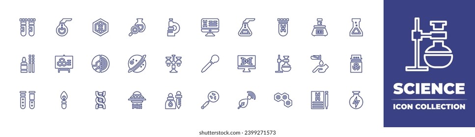 Science line icon collection. Editable stroke. Vector illustration. Containing research, centrifuge, saturn, corrosion, ufo, biology, test tube, dna, pipette, magnifying glass, florence flask, flask.