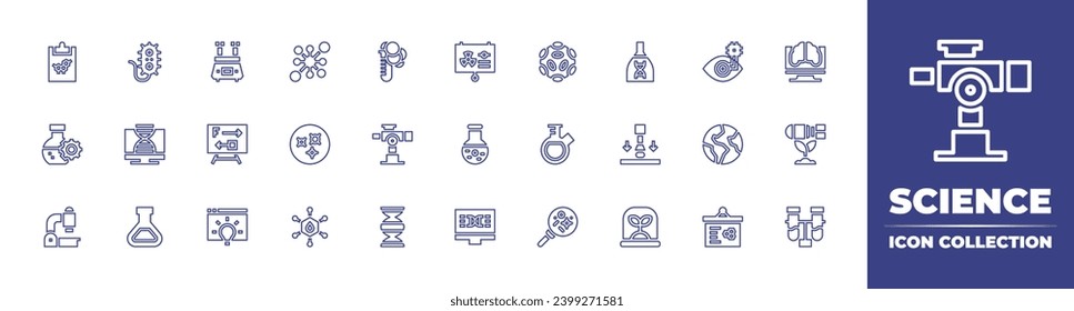 Science line icon collection. Editable stroke. Vector illustration. Containing molecule, eye, mercury, earth, presentation, chemistry, laboratory, bioengineering, flask, microscope, dna, bacteria, pc.
