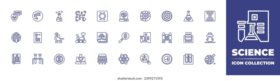 Science line icon collection. Editable stroke. Vector illustration. Containing bunsen burner, galaxy, microscope, jet pack, genetic engineering, space, alien, incubator, research, chemistry, atom.