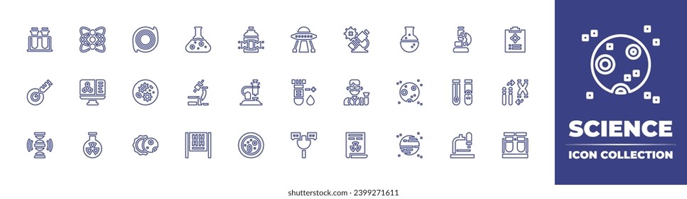 Colección de iconos de la línea de ciencia. Trazo editable. Ilustración vectorial. Con agujero negro, investigación, placa de petri, luna llena, eclipse, planeta, tubo de ensayo, ufo, célula, análisis de sangre, genética.
